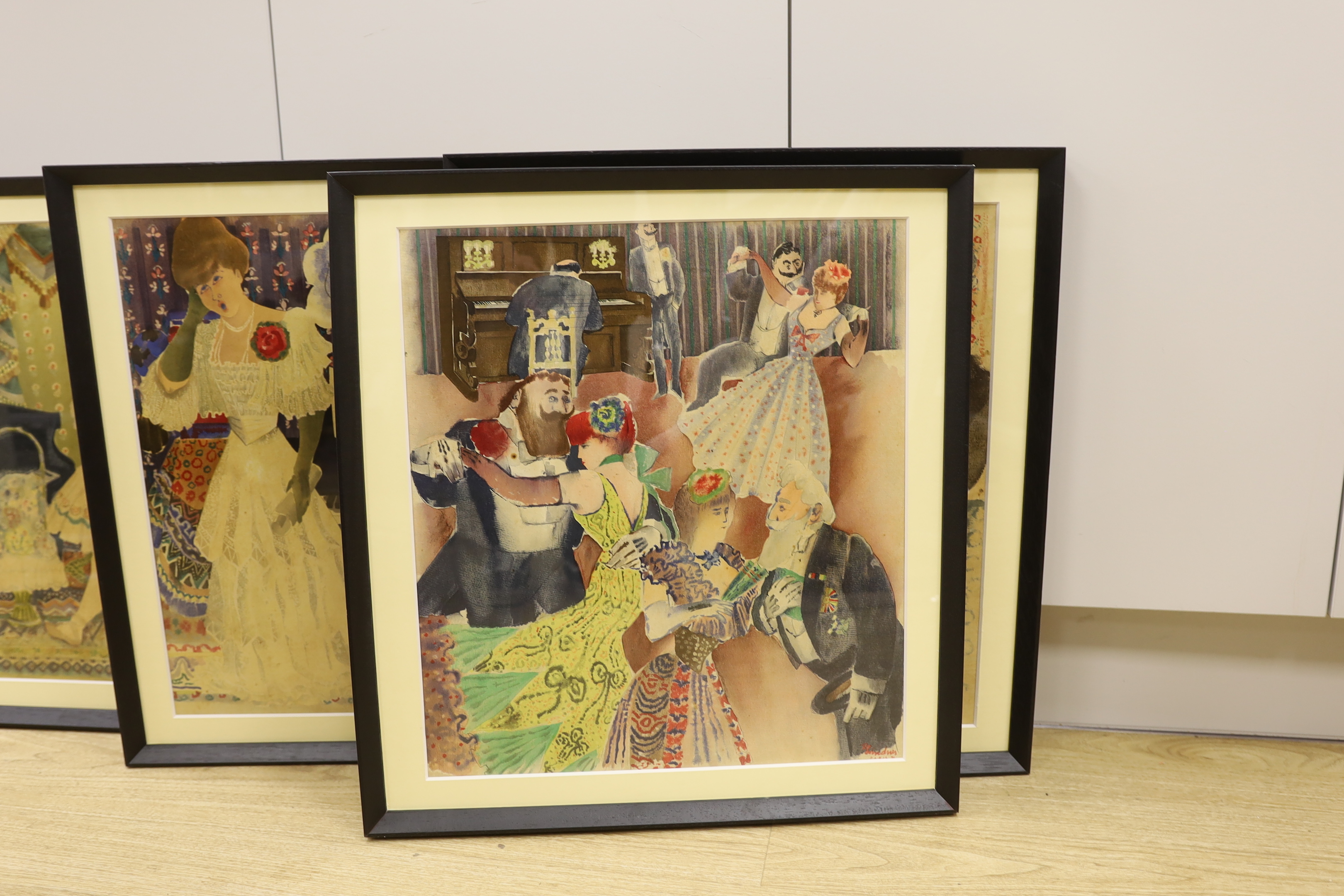 After Richard Lindner (German/American, 1901-1978), set of four vintage colour lithographs, Figures wearing Edwardian dress, each 50 x 42cm